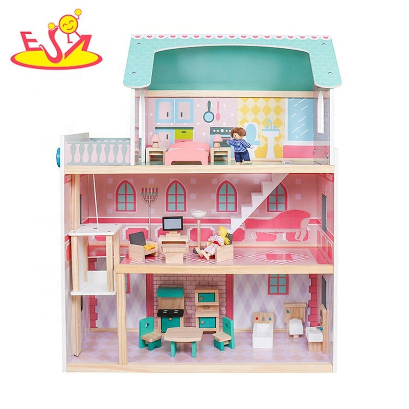 Most popular 3 floors girls wooden dolls house with lift W06A372