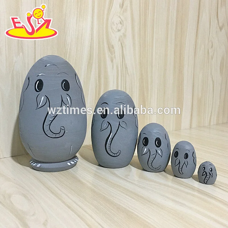 2018 Wholesale simple elephant design 5 pcs wooden nesting dolls russian for child W06D108