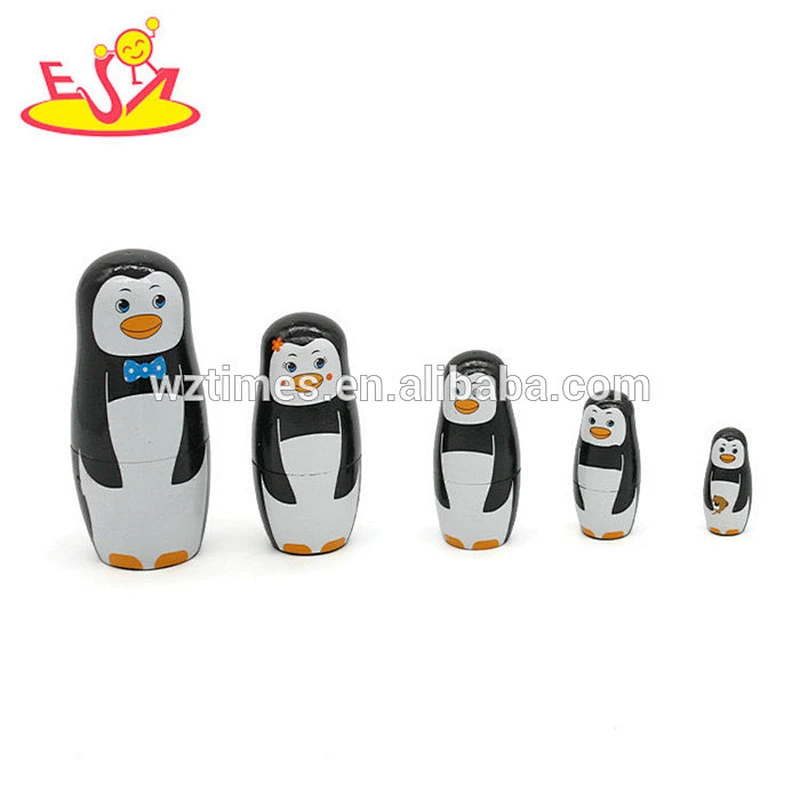 Wholesale cute penguin design wooden toy 5 PCS matryoshka russian doll for kids W06D092