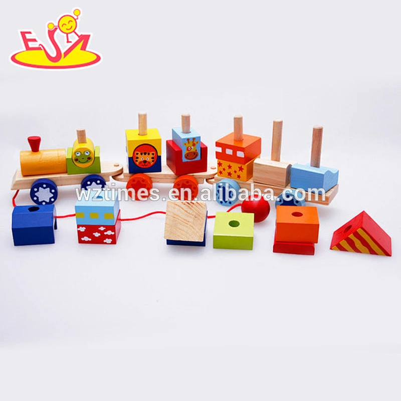 Wholesale high quality wooden diy pull building blocks train toy bring fun for kids W05C039