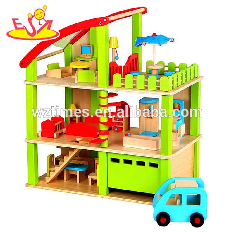 Wholesale most popular colorful three layers green accessories complete baby wooden dollhouse toy for sale W06A096
