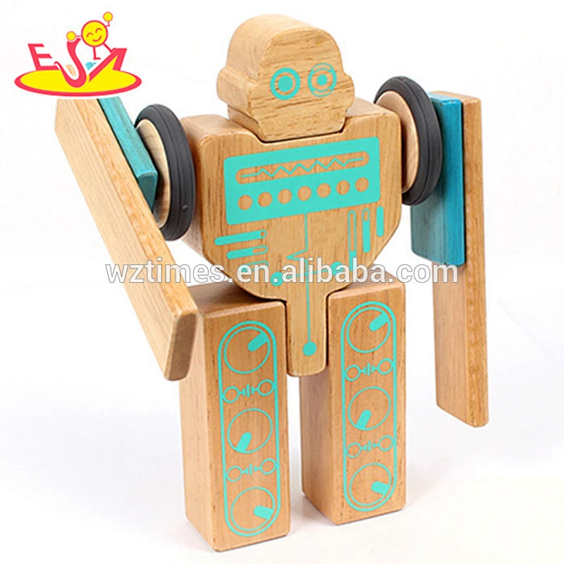 Wholesale educational diy construction wooden flexible robot puzzle toy for kids W03B046