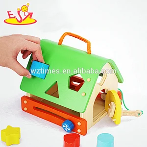 Hölzerne geometrische Blöcke der Großhandelskinder formen Spielzeug mit Haus W12D079