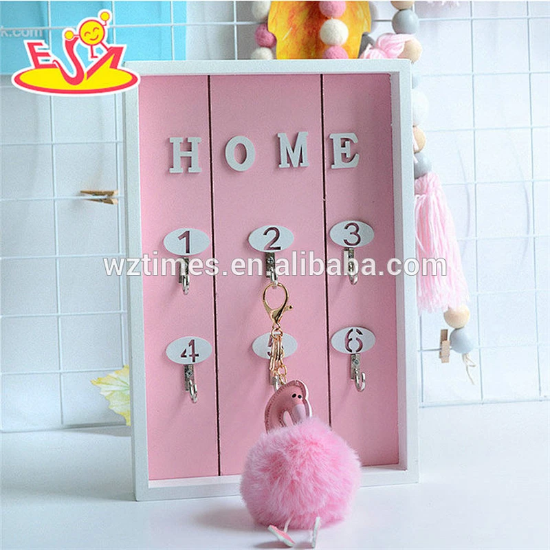 Wholesale houseware conveniently wooden pink wall shelf key holder with 6 hooks W08C260