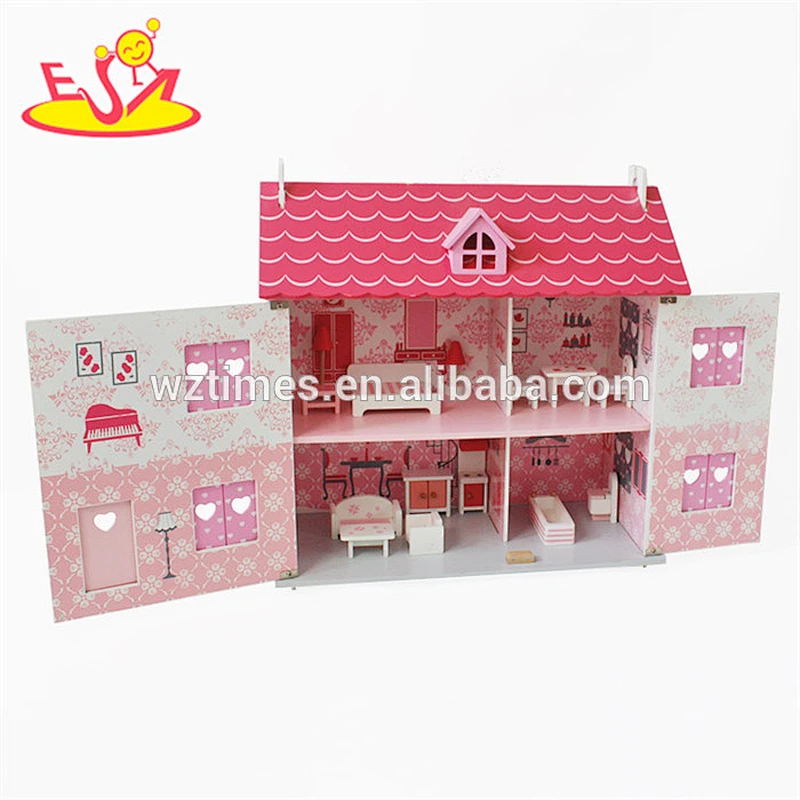 Großhandel 2 Schichten rosa themenorientiertes hölzernes Puppenhaus Spielzeug für Kinder W06A256