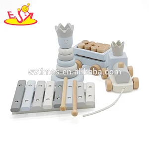 Wholesale beautiful wooden montessori toy with stacking blocks toy&wooden xylophone and pull train toy for baby W12F032