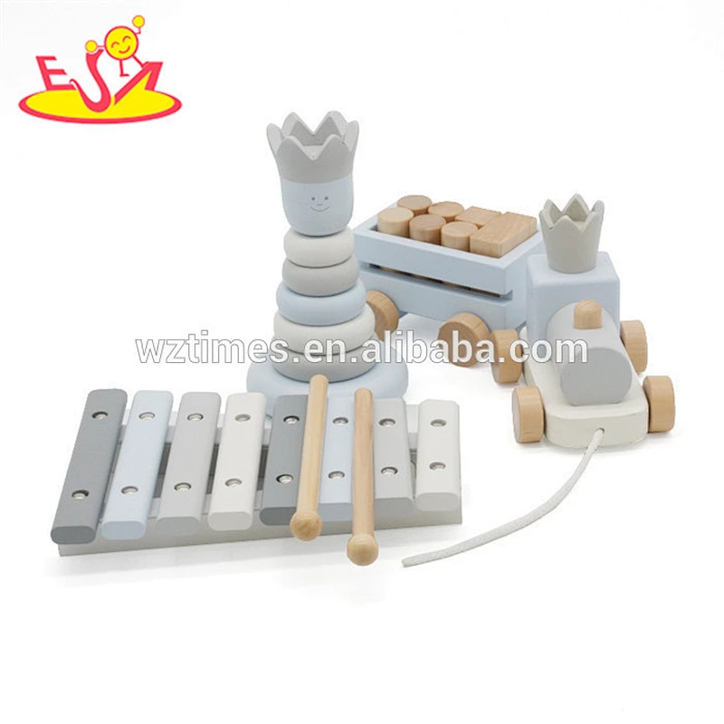 Wholesale beautiful wooden montessori toy with stacking blocks toy&wooden xylophone and pull train toy for baby W12F032