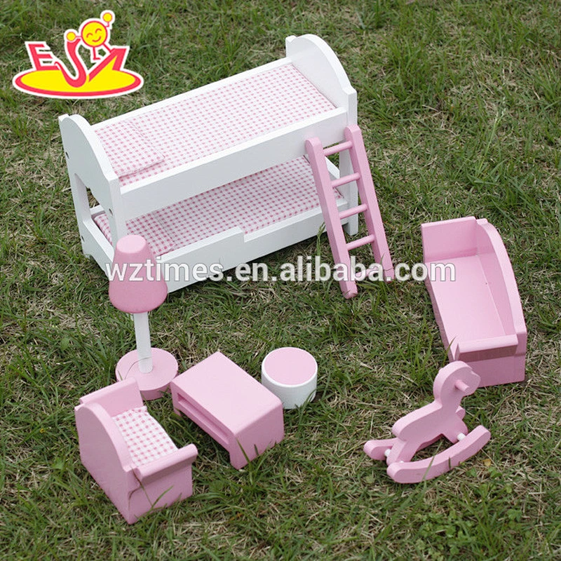 new design kids miniature wooden toy bed for pretend play W06B046