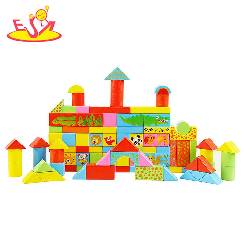 Venta al por mayor 100 piezas de madera de los niños bloques de construcción de juegos de aprendizaje de matemáticas niños juegan bloques de construcción W13B035