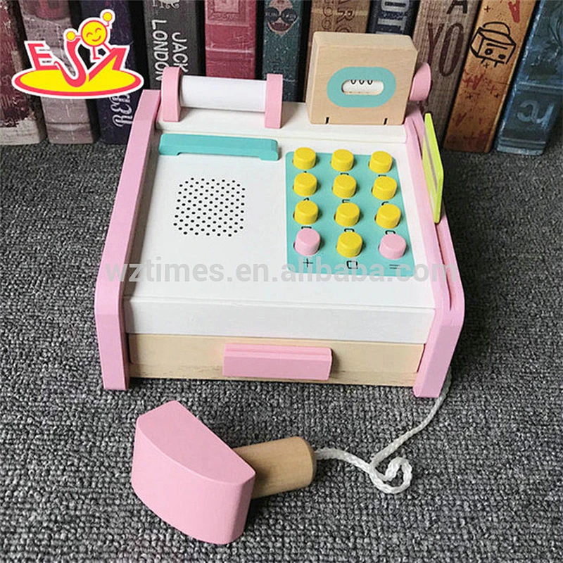 New pink girls pretend wooden cash register toy with money W10A076