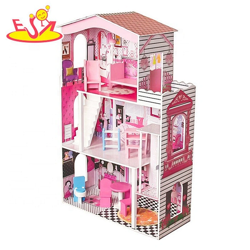 2018 New design pink wooden doll playhouse for pretend play W06A356