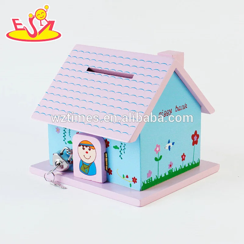Wholesale top fashion wooden house money box for children storing coins W02A278
