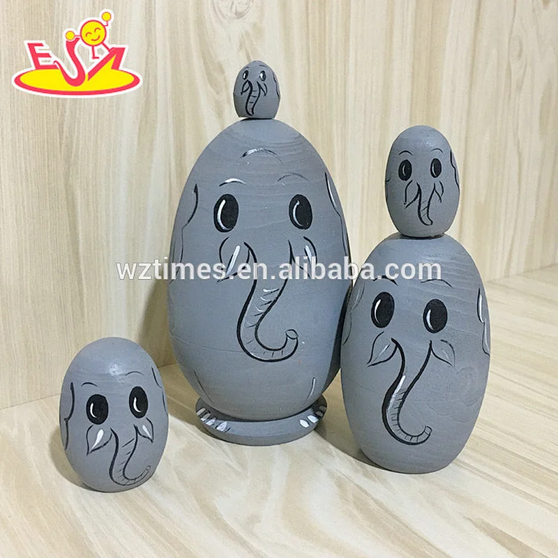 2018 Wholesale simple elephant design 5 pcs wooden nesting dolls russian for child W06D108