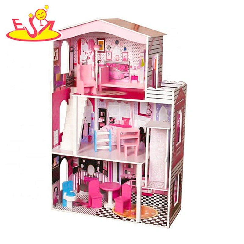 New arrival pretend wooden pink dollhouse for girls W06A355