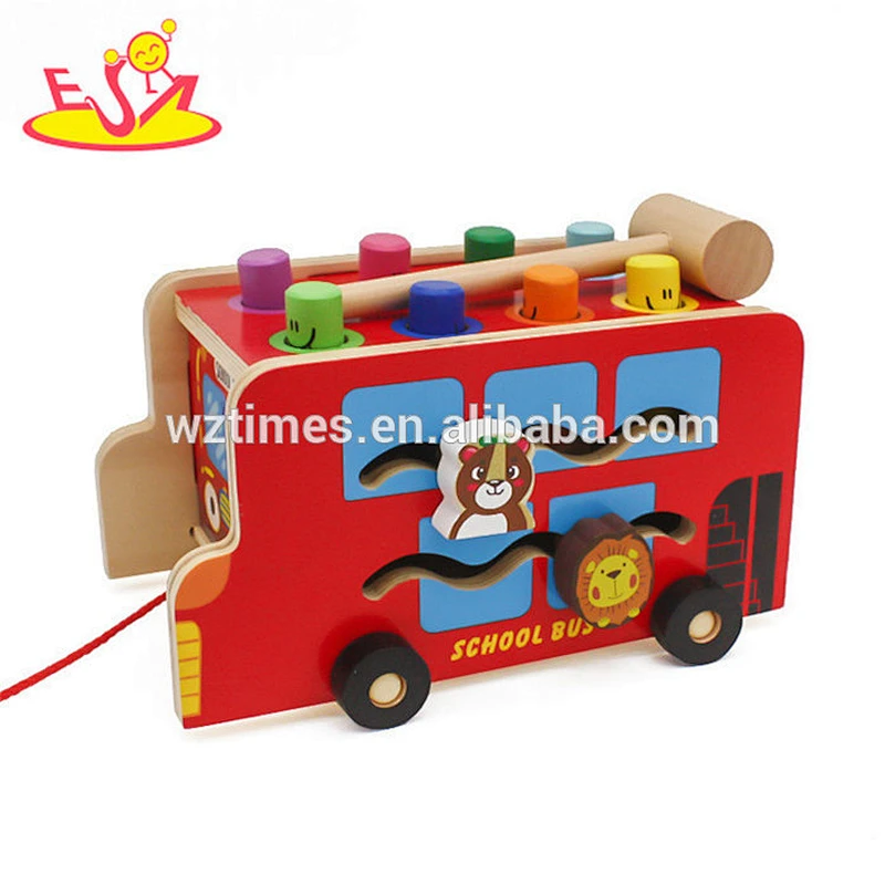 Wholesale top quality wooden colorful pounding toy pull cart toy for baby W05C088
