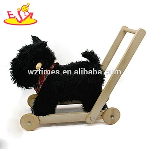 Wholesale most popular black plush baby wooden rocking horse toy with pull cart W16D114
