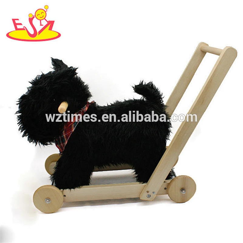 Wholesale most popular black plush baby wooden rocking horse toy with pull cart W16D114