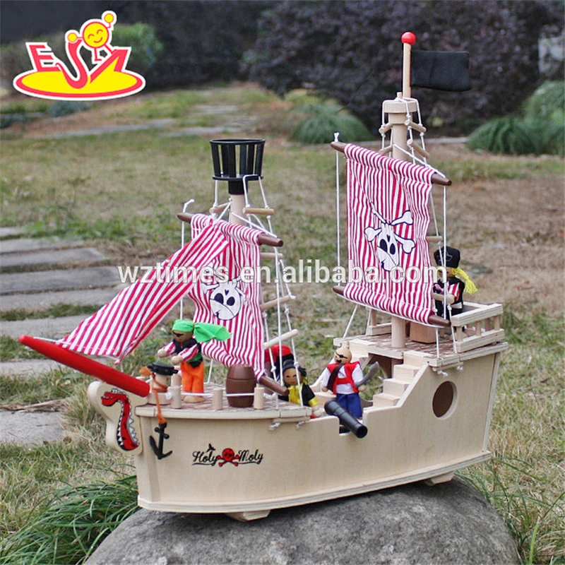 2018 wholesale baby wooden toy pirate ship new design kids wooden toy pirate ship best natural wooden toy pirate ship W03B061
