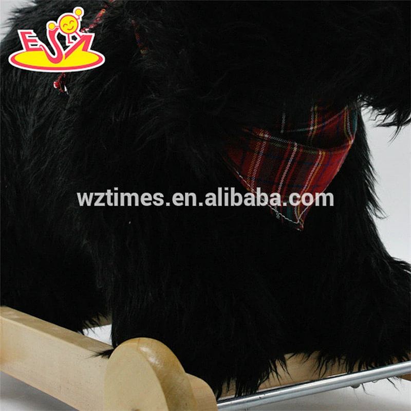 Wholesale most popular black plush baby wooden rocking horse toy with pull cart W16D114