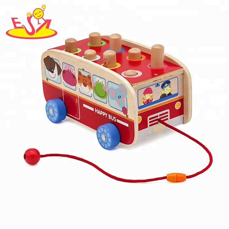 New hottest baby educational pounding games wooden toddler toys in bus shape W05C089
