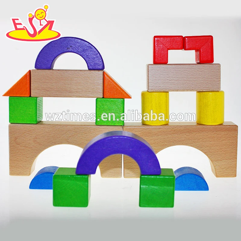 Wholesale colorful wooden building bricks toy funny multi shape wooden construct bricks toy W13A064