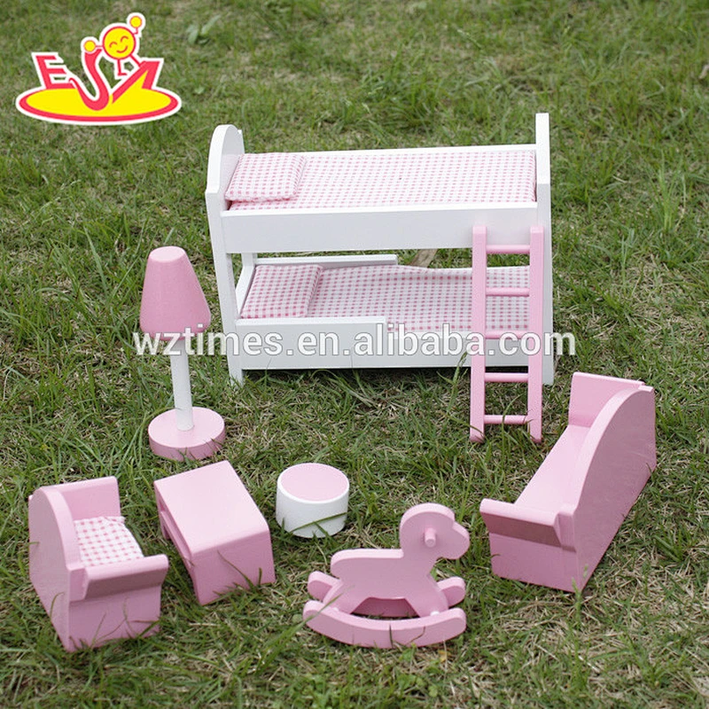 new design kids miniature wooden toy bed for pretend play W06B046
