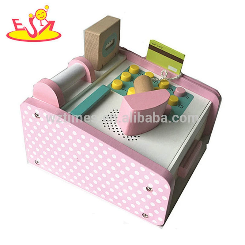 New pink girls pretend wooden cash register toy with money W10A076