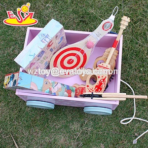 wholesale top quality MDF pull and push kids wooden toy box hot sale Wooden Storage Box with 4 Wheels W08C128