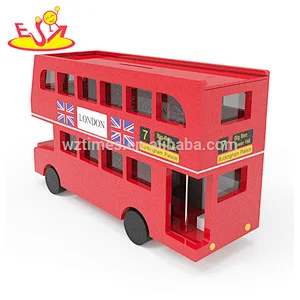 New design red bus wooden kids coin bank for saving money W02A284