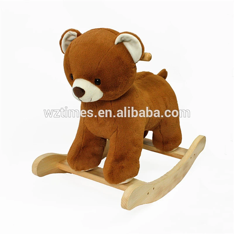 Wholesale cute indoor play toy wooden bear design plush rocking horse for baby W16D111