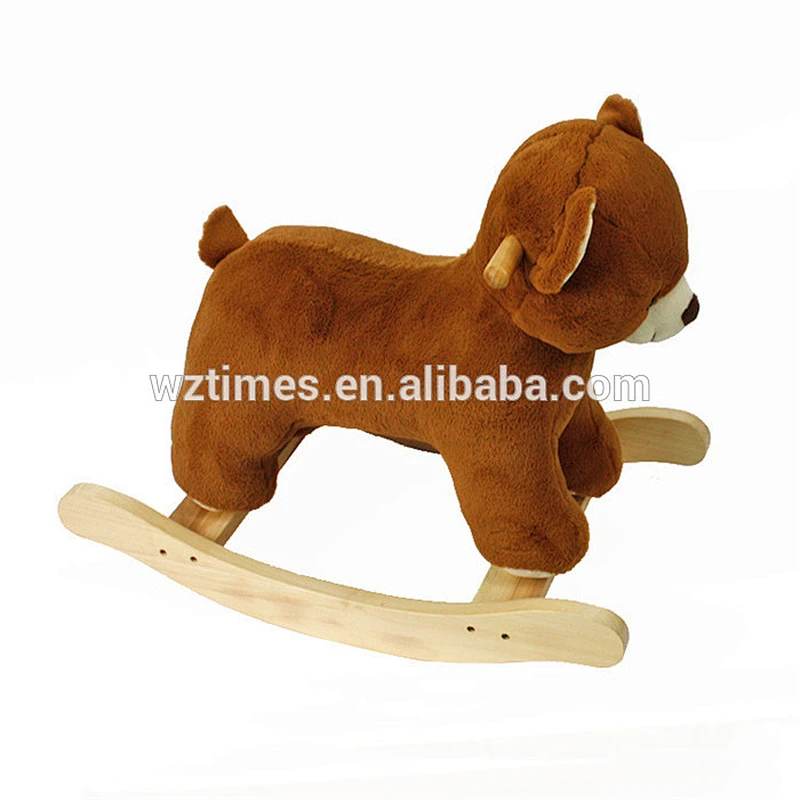 Wholesale cute indoor play toy wooden bear design plush rocking horse for baby W16D111