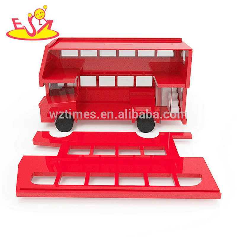 New design red bus wooden kids coin bank for saving money W02A284