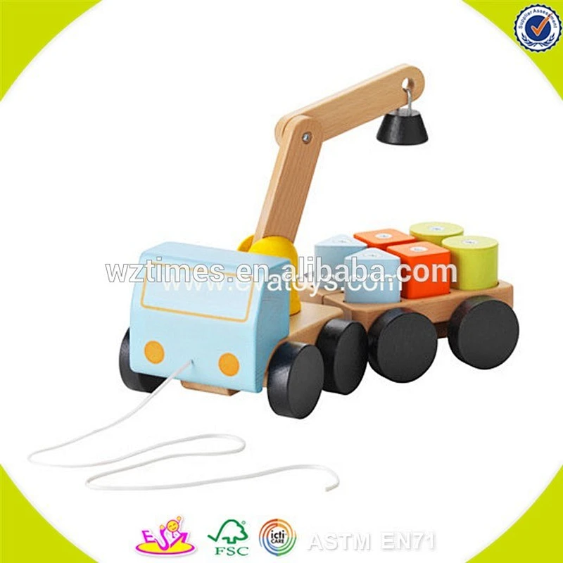 2018 wholesale kids pull wooden toy crane truck for sale W05C083