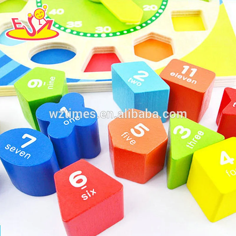 Wholesale educational puzzle wooden block clock toy for kids W14K047
