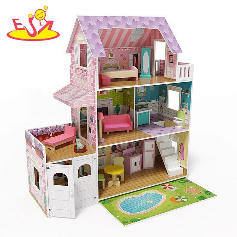 Best design ligthed wooden doll house set with garden W06A381