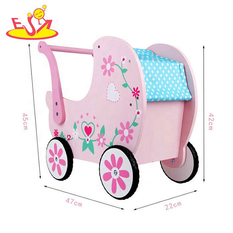 2019 New arrival kids pink wooden toy stroller for push along W16E130
