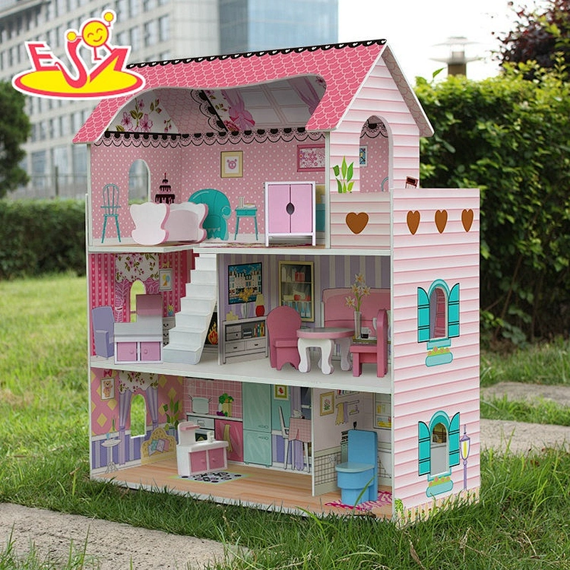 Best design pink wooden miniature dollhouse with 3 tiers W06A380B