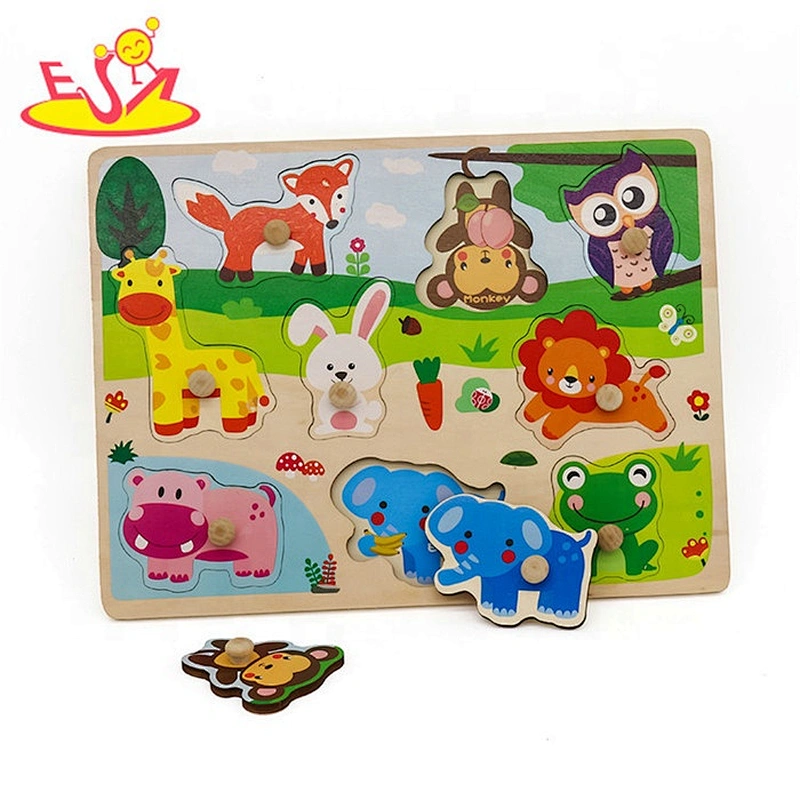 2019 New design kids cartoon wooden animal puzzle with knob W14M153