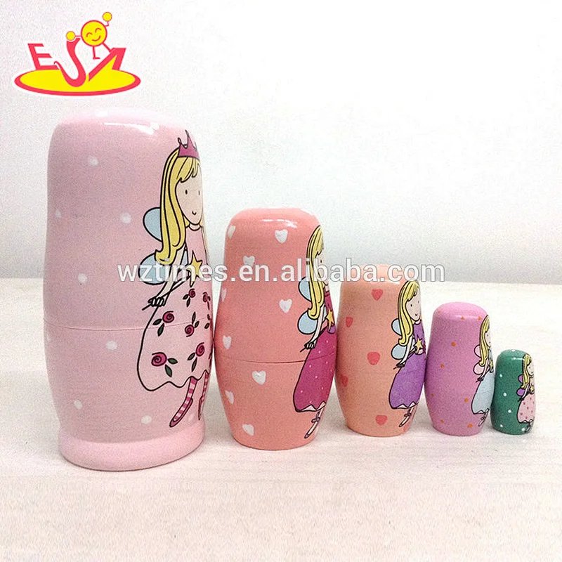 2018 Wholesale pink design nesting doll sets wooden 5 pcs matryoshka doll for kids W06D095