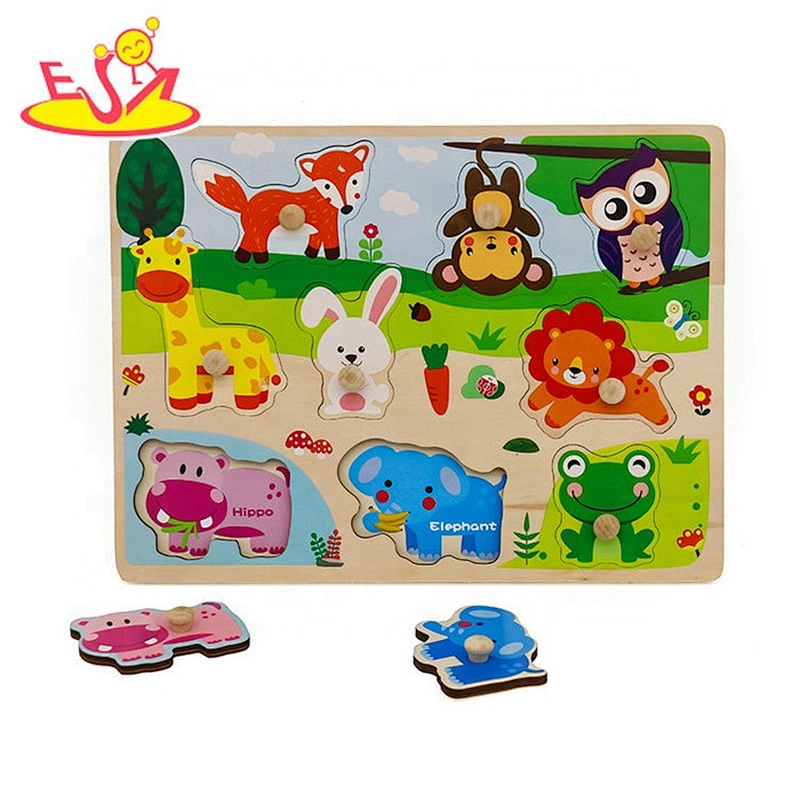 2019 New design kids cartoon wooden animal puzzle with knob W14M153
