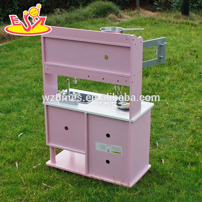 top quality play simulation wooden toy kitchen with stainless steel accessories W10C103