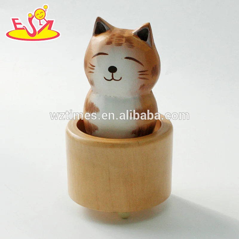 Wholesale promotional cute table top wooden cat music box as gift for kids W07B059