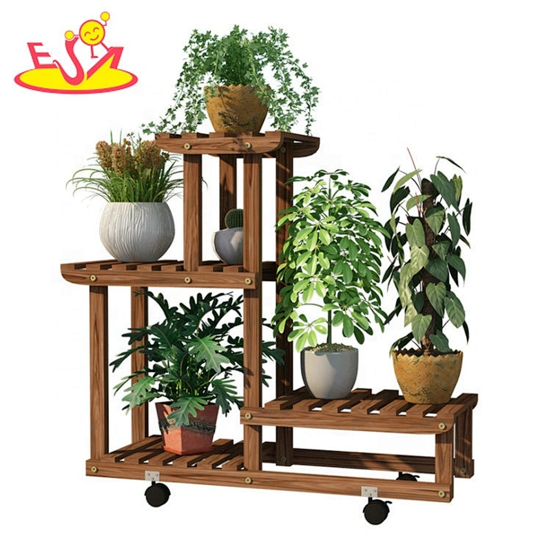 Top sale brown wooden multi-tier plant rack with wheels W08H116