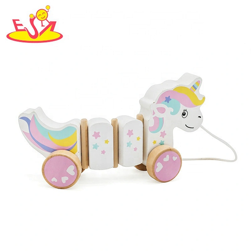 Top sale kids wooden pull along toy with blocks W05C122