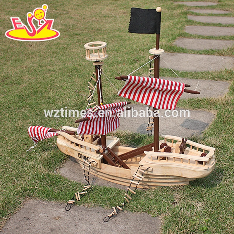 Wholesale DIY 3D baby wooden pirate ship toy handmade kid wooden pirate ship toy W03B001