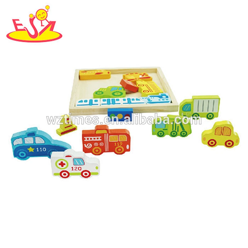 Wholesale best gift for baby wooden multi shape mini car puzzle toy bring fun W14N001