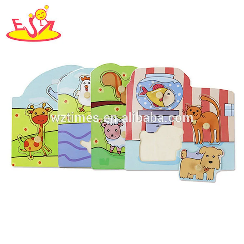 Wholesale cartoon pet theme wooden knob puzzle for 18 months old baby W14M141