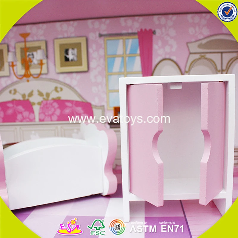 2018 Wholesale pink wooden dollhouse kits top fashion girls wooden dollhouse kits cheap kid wooden dollhouse kits W06A139
