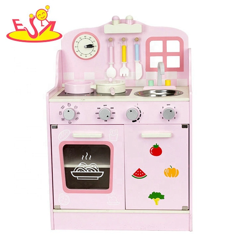 Top sale simulation wooden pink kids kitchen set for wholesale W10C496B