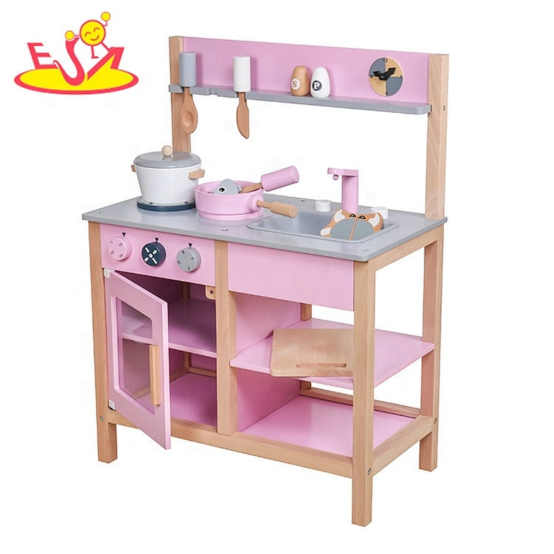 2019 New design girs wooden pink toy kitchen for pretend play W10C457C